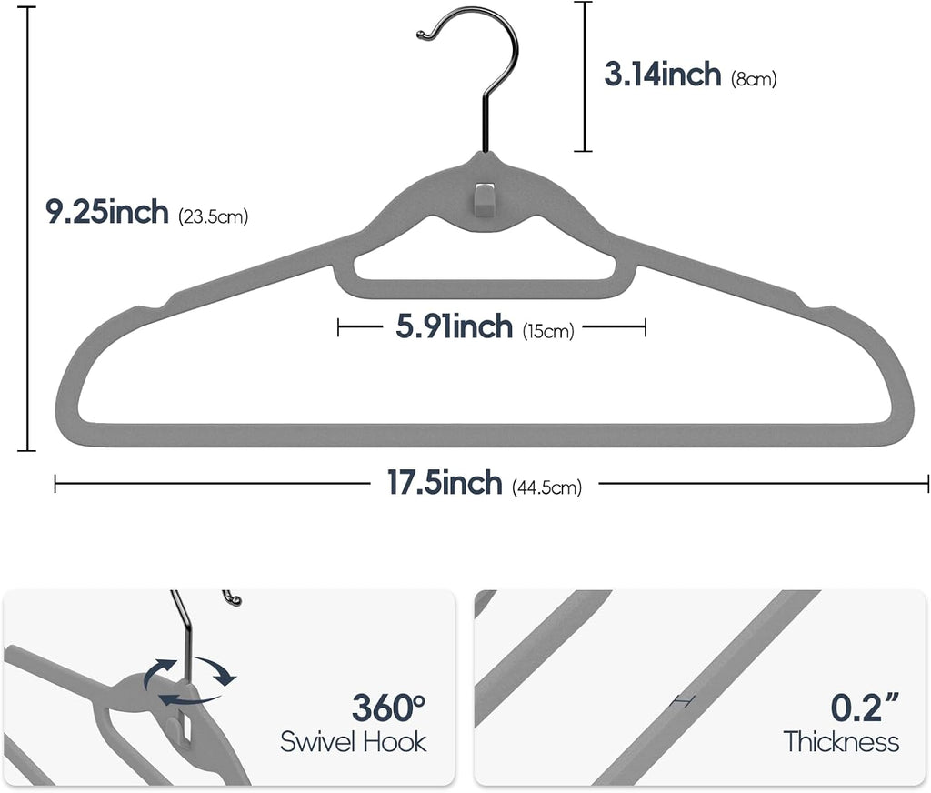 Velvet Stackable Hangers 50 Pack Space Saving Cascading Hook Gray | Ultra Thin, Non Slip Felt, Heavy Duty With 360°