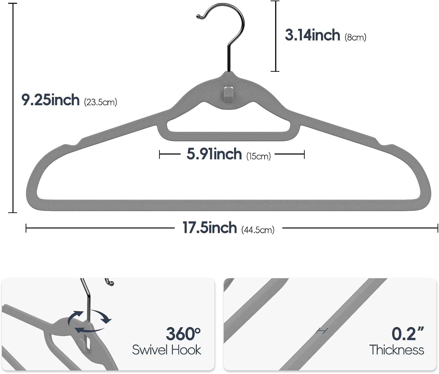 Velvet Stackable Hangers 50 Pack Space Saving Cascading Hook Gray | Ultra Thin, Non Slip Felt, Heavy Duty With 360°