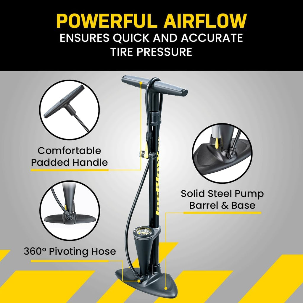 JoeBlow Max Hp Bike Floor Pump, 160 Psi/11 Bar, TwinHead, fits Presta, Schrader, and Dunlop valves