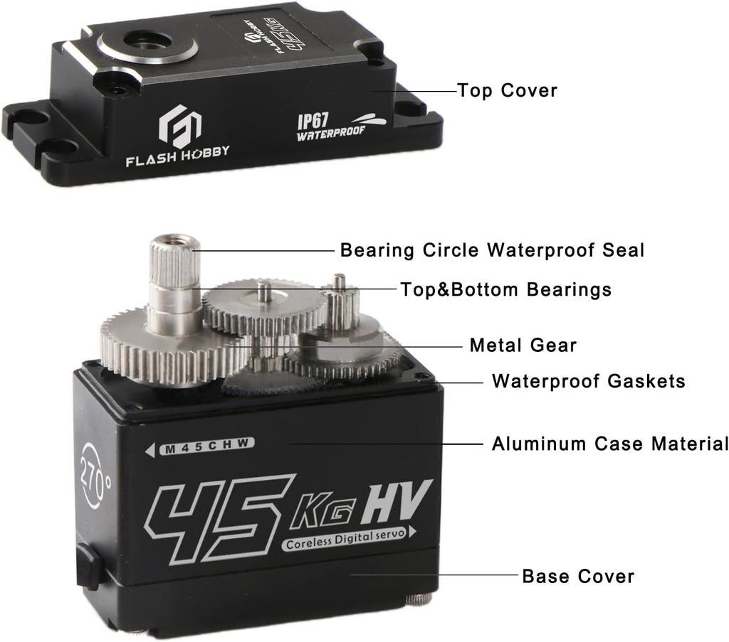 45KG Coreless Servo 8.4V High Torque Full Metal Gear Servo, IP67 Waterproof Steering RC Servo with Control Angle 270°
