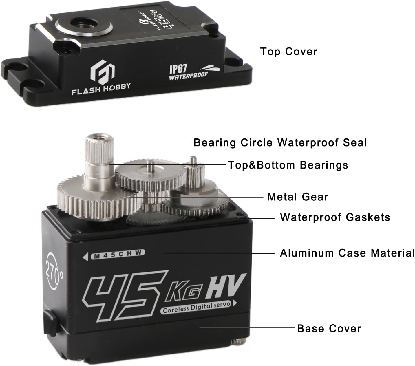 45KG Coreless Servo 8.4V High Torque Full Metal Gear Servo, IP67 Waterproof Steering RC Servo with Control Angle 270°