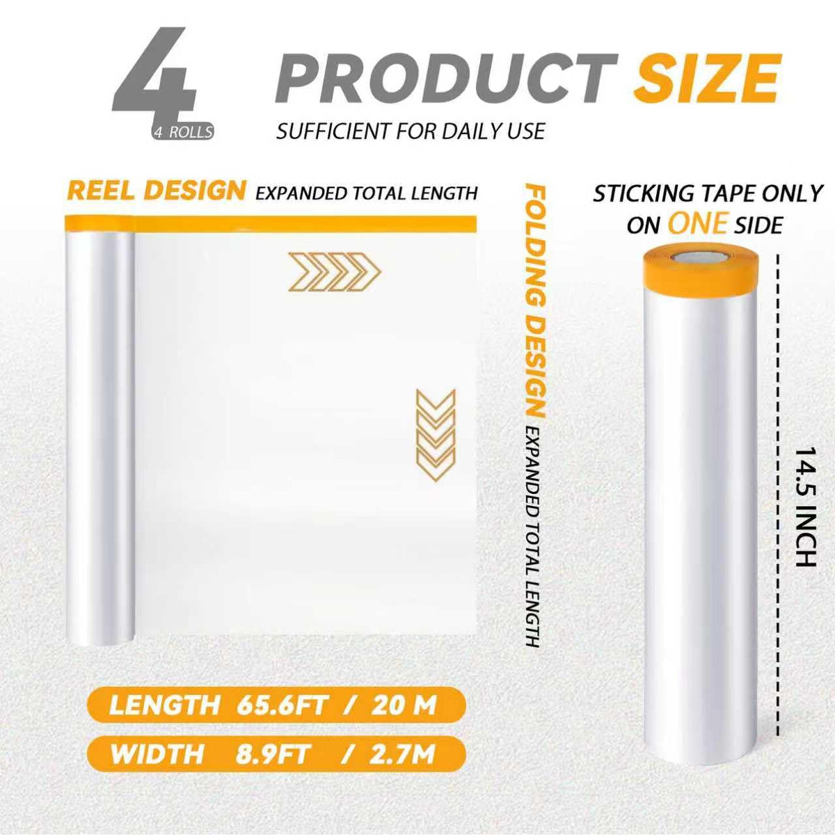 4 Rolls 8.9 x 65.6 ft Pre-Taped Masking Film, Plastic Drop Cloth with Tape
