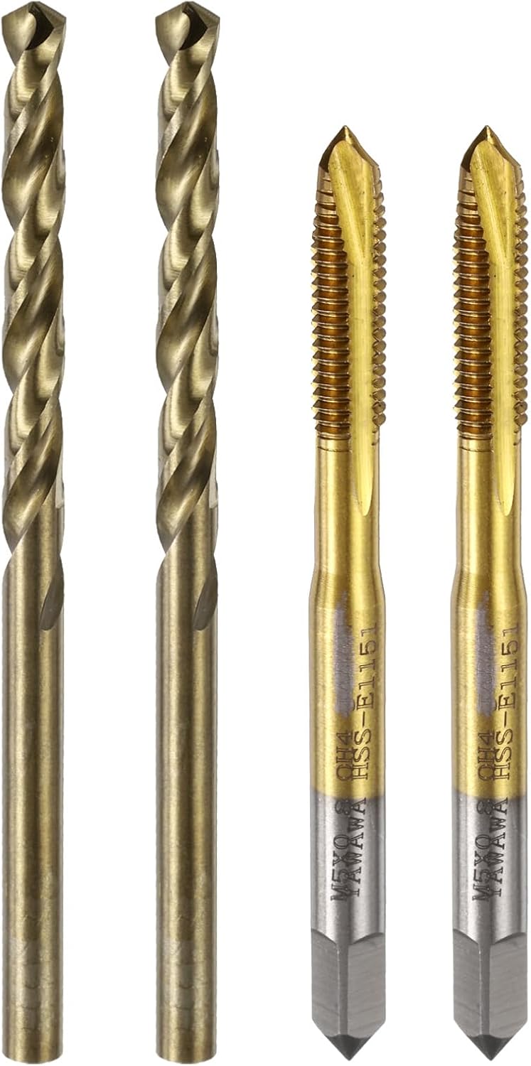 uxcell Metric Tap & Drill Bit Set, 2pcs M5 x 0.8 Spiral Point Thread Taps Titanium Coated and 2pcs 4.2mm Twist Drill Bits Roasted Yellow, Screw Tapping Threading Tools