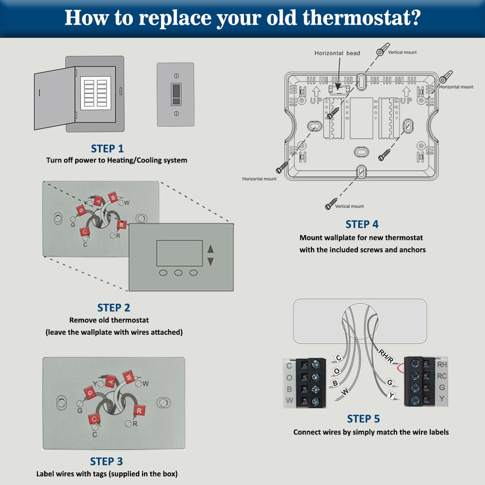 NonProgrammable Thermostat for Home,Single-Stage Systems,Digital Energy-Saving Thermostat,1 Heat/1 Cool, Easy DIY Install, White Backlight