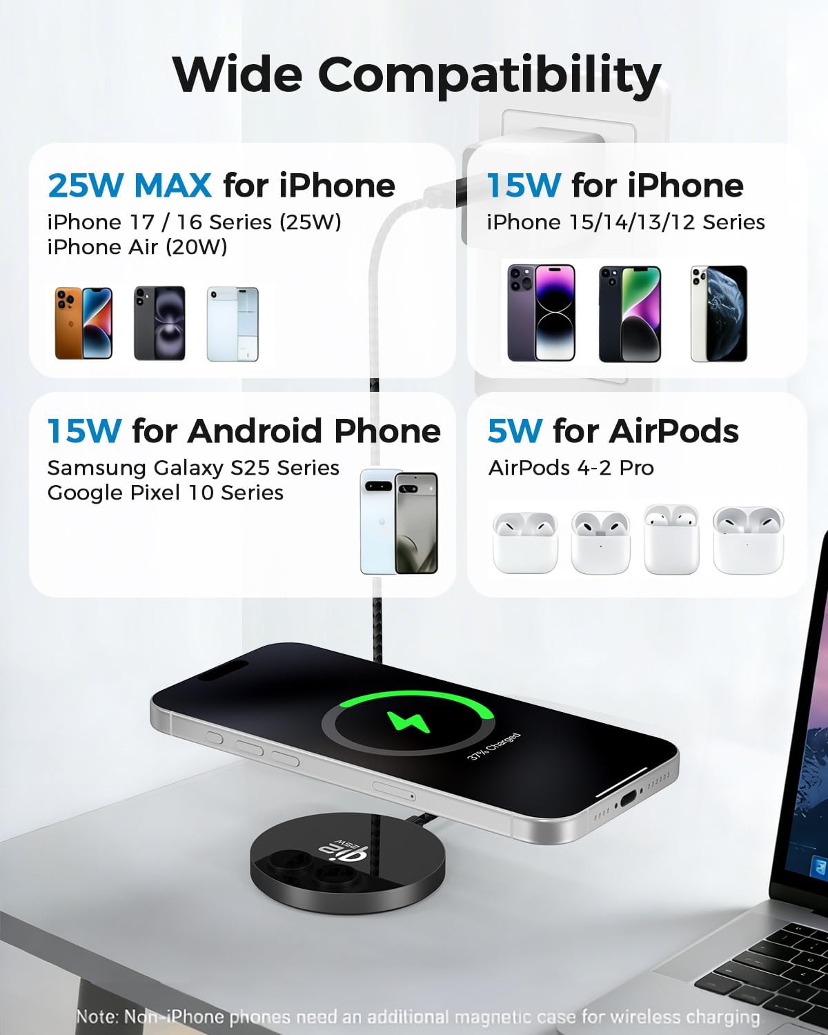 25W Magnetic Wireless Charger, Qi2.2 Fast Wireless Charging Pads with Kickstand,MagSafe Charger for iPhone