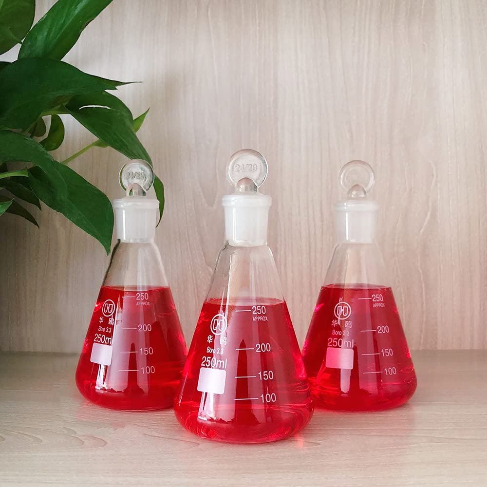 250ml Glass Erlenmeyer Flask Set, 3pcs Laboratory Glassware Flask with Glass Stopper for Chemistry Classroom Home