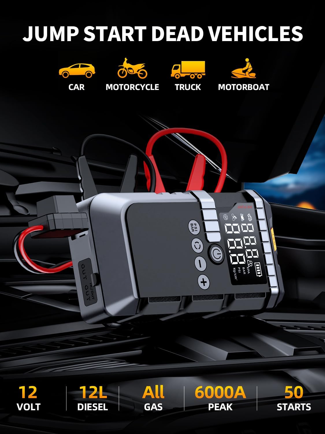 Jump Starter with Air Compressor, Battery Jumper Starter Portable,12V Jump Box with 160PSI Tire Inflator for Car