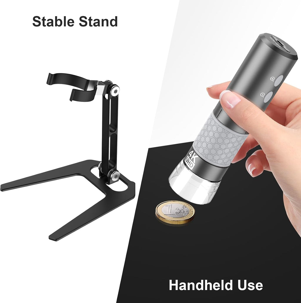 4K 50-1000x WiFi USB Digital Handheld Microscope with Metal Stand | 3840x2160P wireless/wired 8 LED endoscope camera