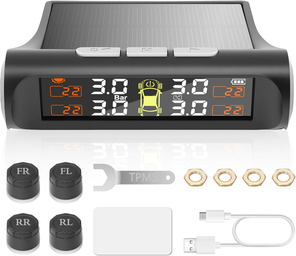 Tire Pressure Monitoring System with Solar Charge, TPMS Sensors Set of 4 | TPMS with 4 External sensors & 5 Alarm