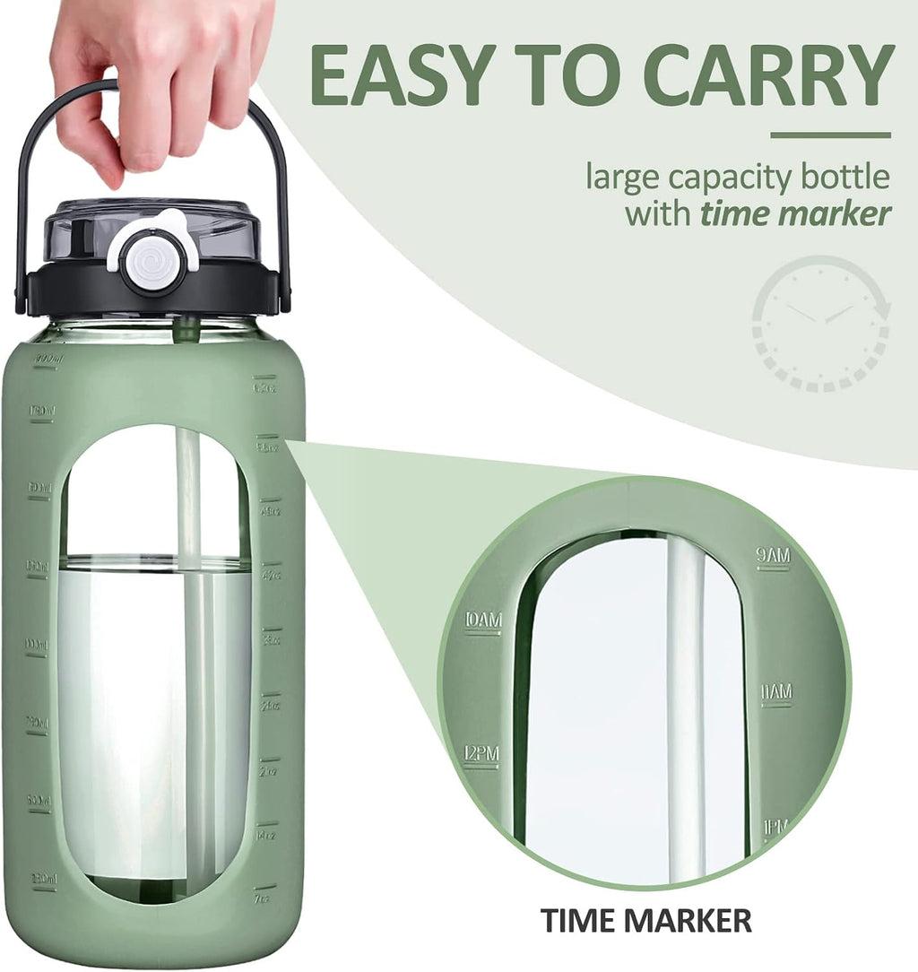 64oz Glass Water Bottles with Straw Time Marker Half Gallon Large Motivational Water Bottle with Silicone Sleeve 2