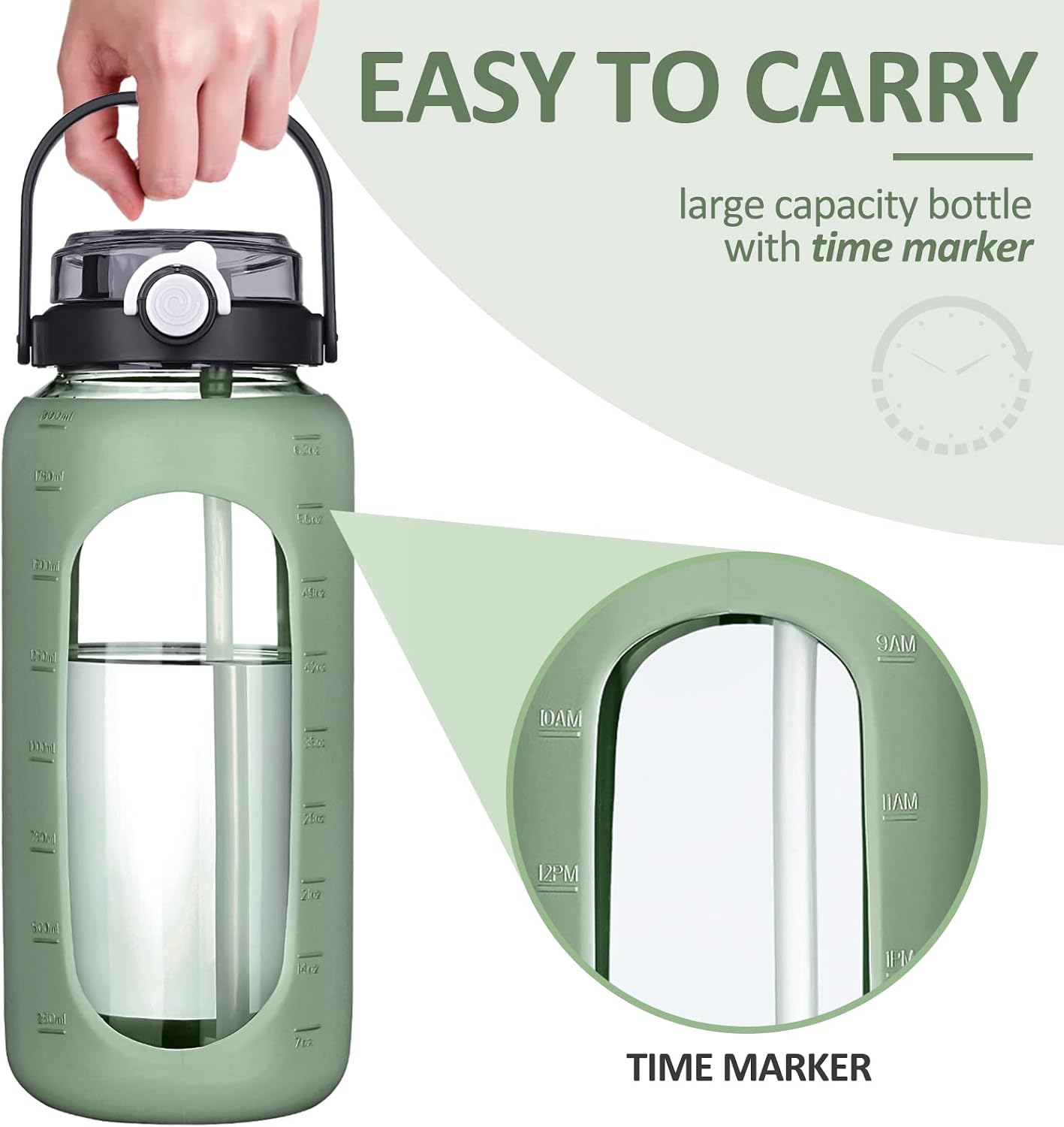 64oz Glass Water Bottles with Straw Time Marker Half Gallon Large Motivational Water Bottle with Silicone Sleeve 2