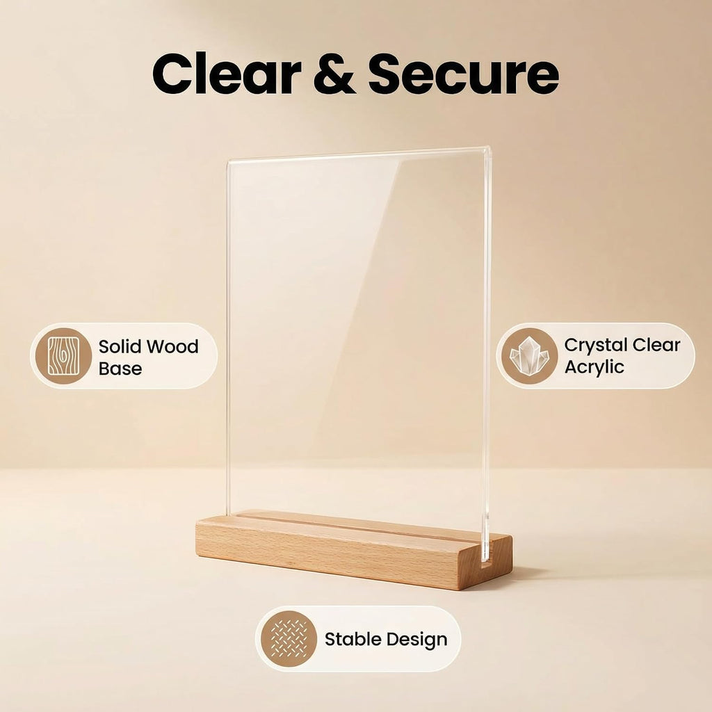 Acrylic Sign Holder 8.5x11 Inch with Solid Wood Base - Thick & Stable Clear Menu Stand for Restaurant, Table, Desk