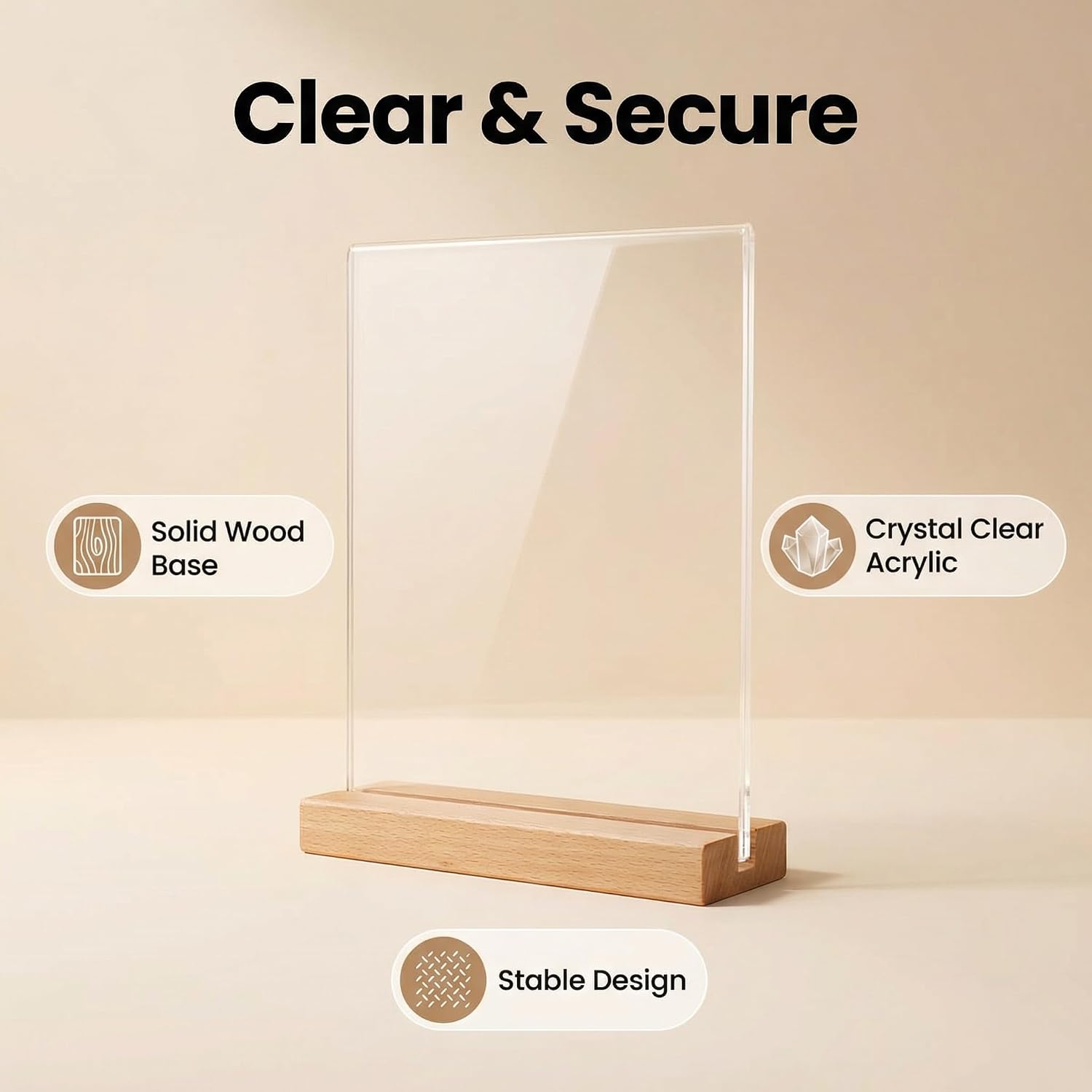 Acrylic Sign Holder 8.5x11 Inch with Solid Wood Base - Thick & Stable Clear Menu Stand for Restaurant, Table, Desk