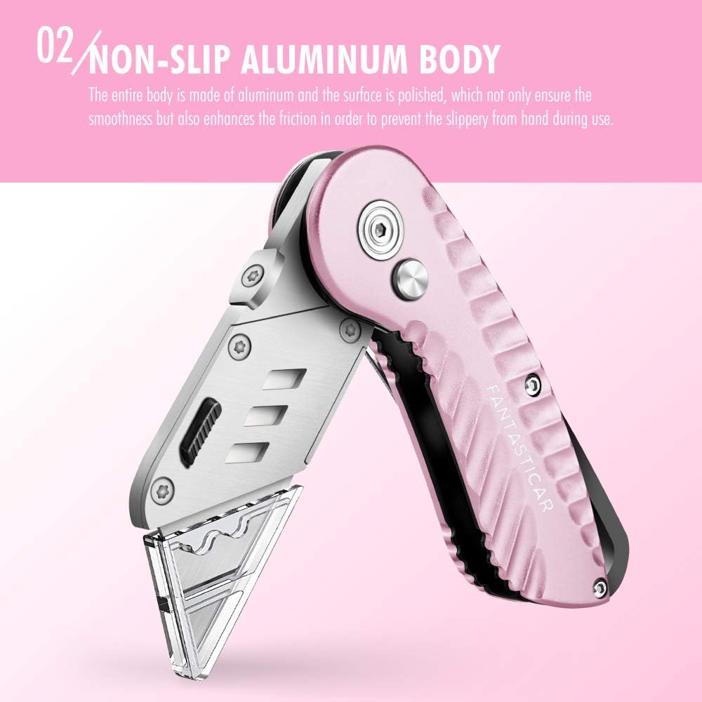 Folding Box Cutter, Utility Knife with Extra 5 Blades (Pink)