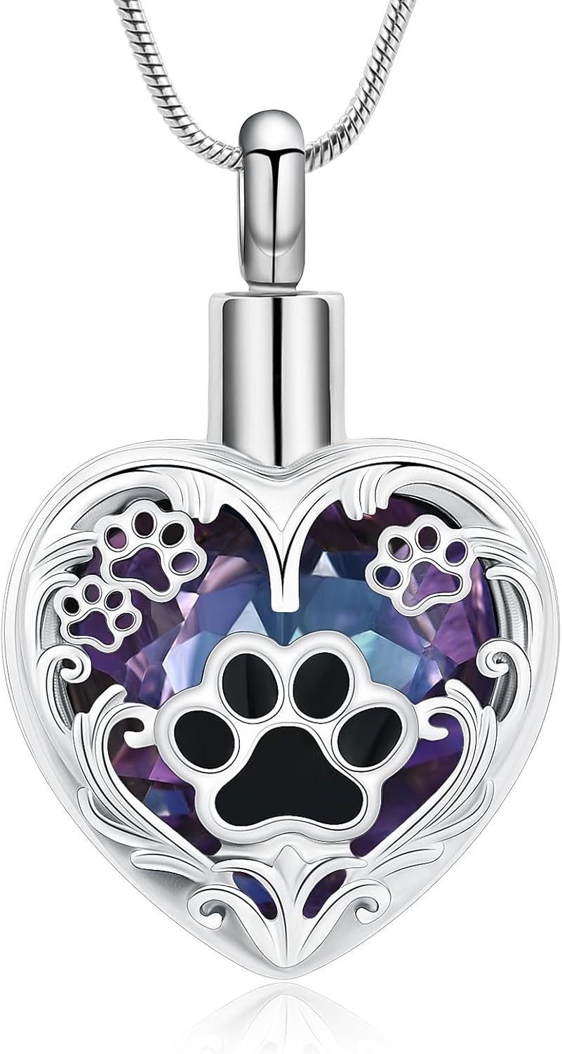 Heart Urn Necklace For Ashes Birthstone Pet Memorial Jewelry Dog Paw Print Cremation Pendant Stainless Steel Keepsake