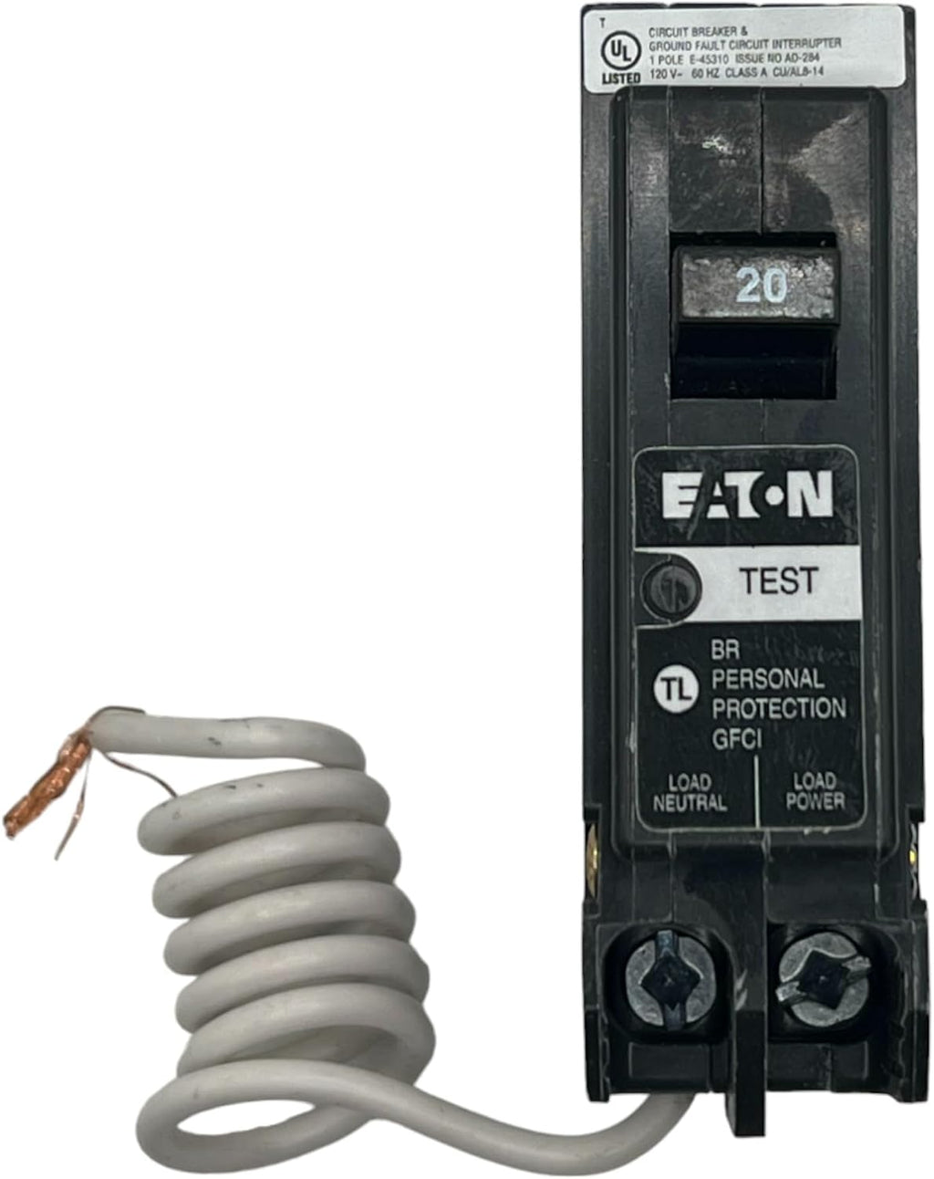 BRN120GF Circuit Breaker, GFCI, Type BR, 20 A, 1-Pole, 120/240 VAC, Trip-to-Center Trip, Plug