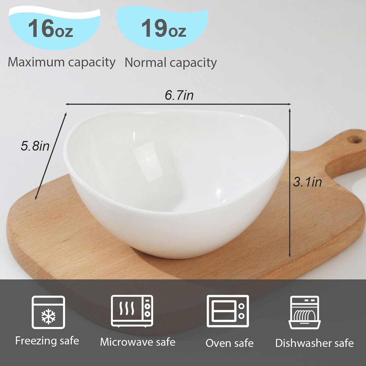19 Ounces Ceramic Serving Bowls, Sturdy Porcelain White Oval Salad Bowls, Stackable Food Server Fruit Display Dishes