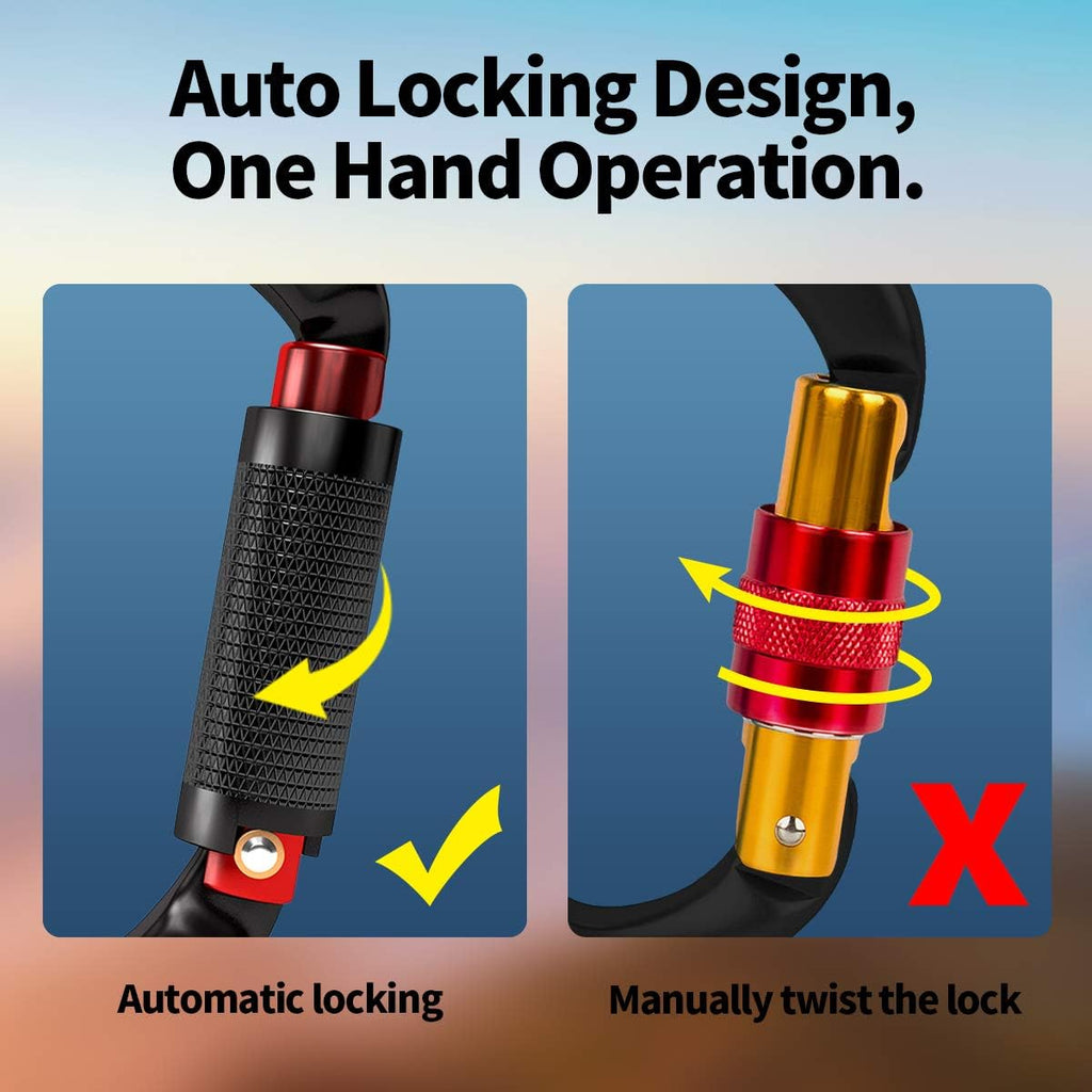 Auto Locking Rock Climbing Carabiner Clips,Professional 25KN (5620 lbs) Heavy Duty Caribeaners for Rappelling Swing