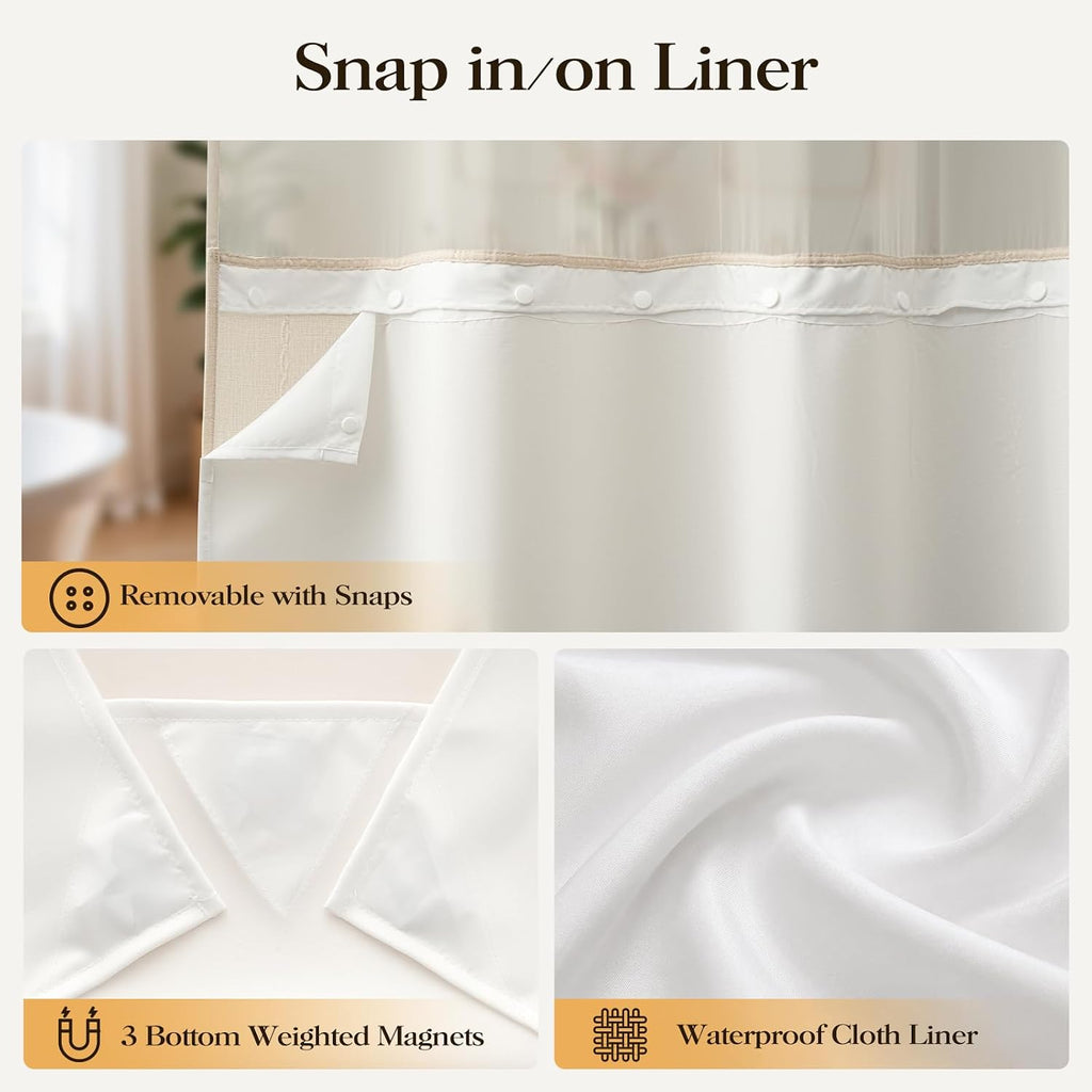 Cream Ringless Boho Stripe Tassel Shower Curtain with Snap Liner 72x75 | Heavy Duty Linen Blend, 3 in 1 Shower