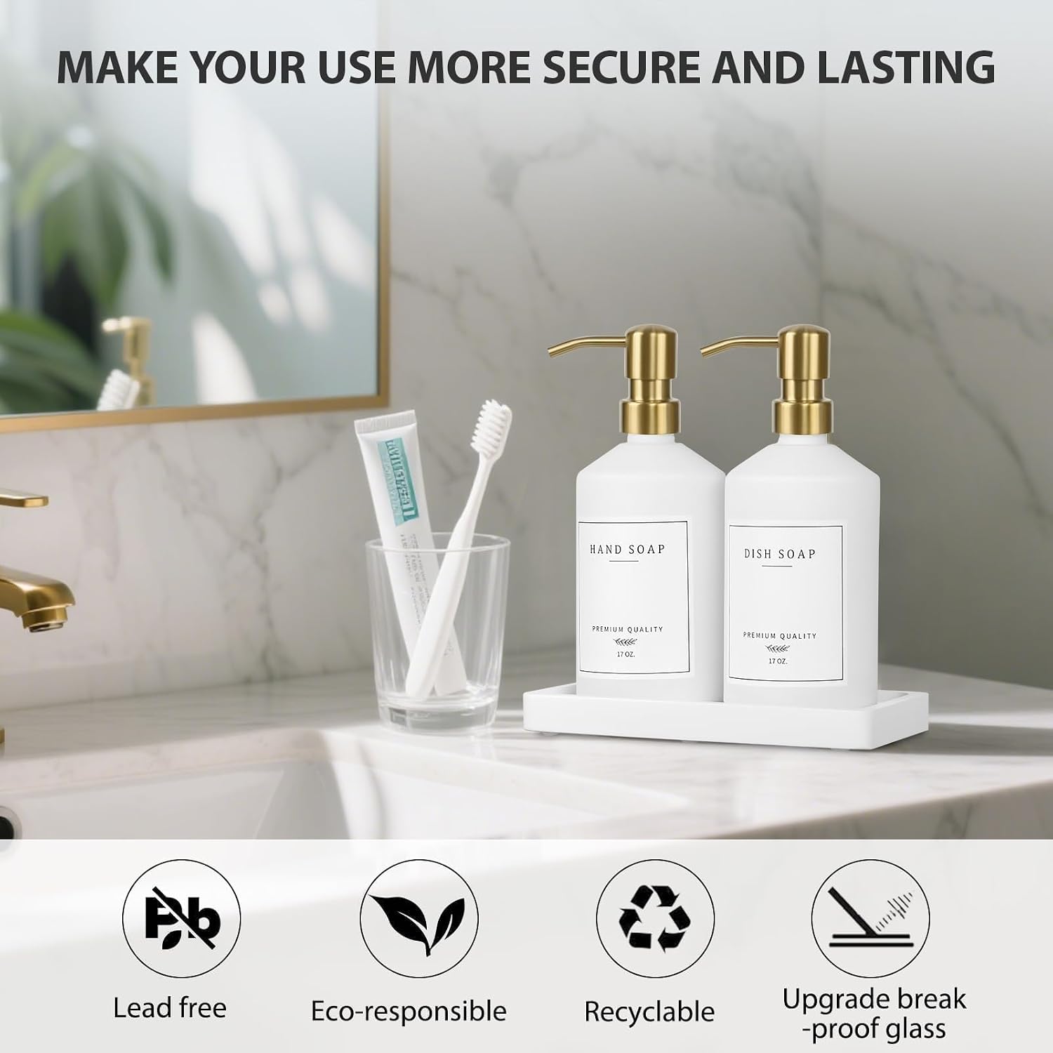 Gold Soap Dispenser Set, Glass Hand and Dish Soap Dispenser Set with Tray,Stainless Pump,14 Stickers for