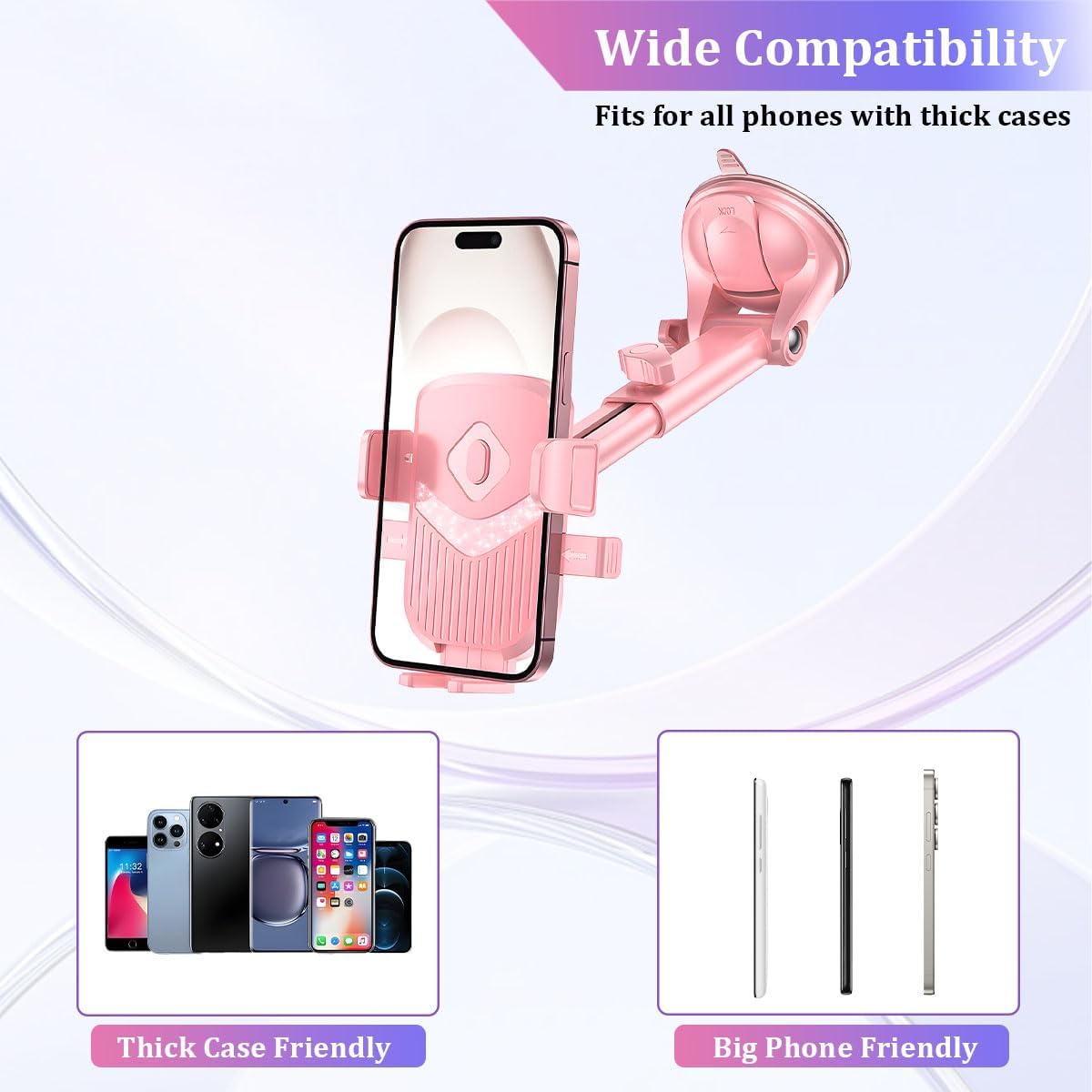 Car Phone Holder, Strong Suction Vehicle Dashboard Windshield Air Vent Cellphone Mount Cradle, Adjustable Hands Free