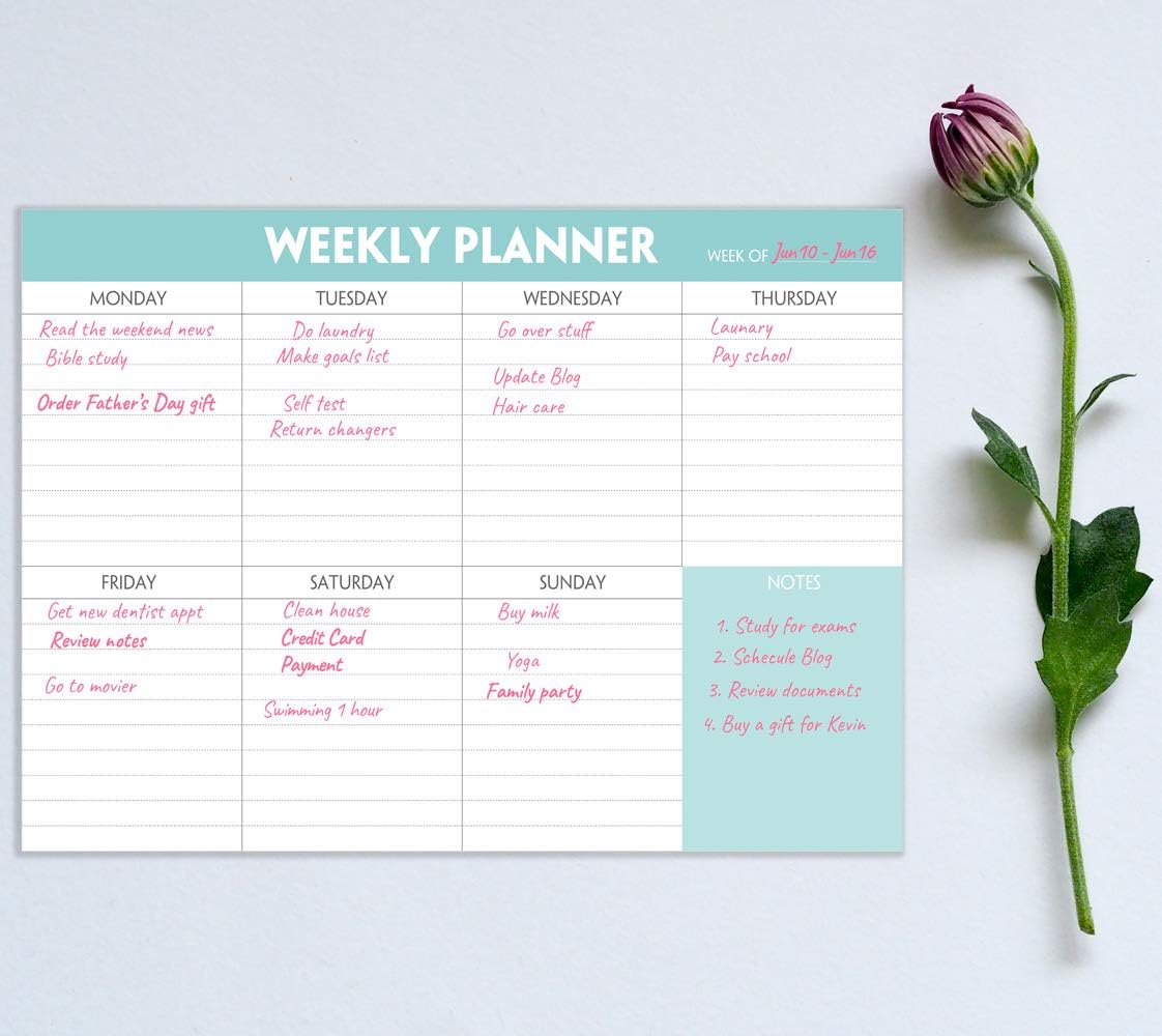 Weekly Planner Notepad - Tear Off Planning Pad with Daily Schedule & Calendar, 52 Sheets, 100gsm Paper, Undated