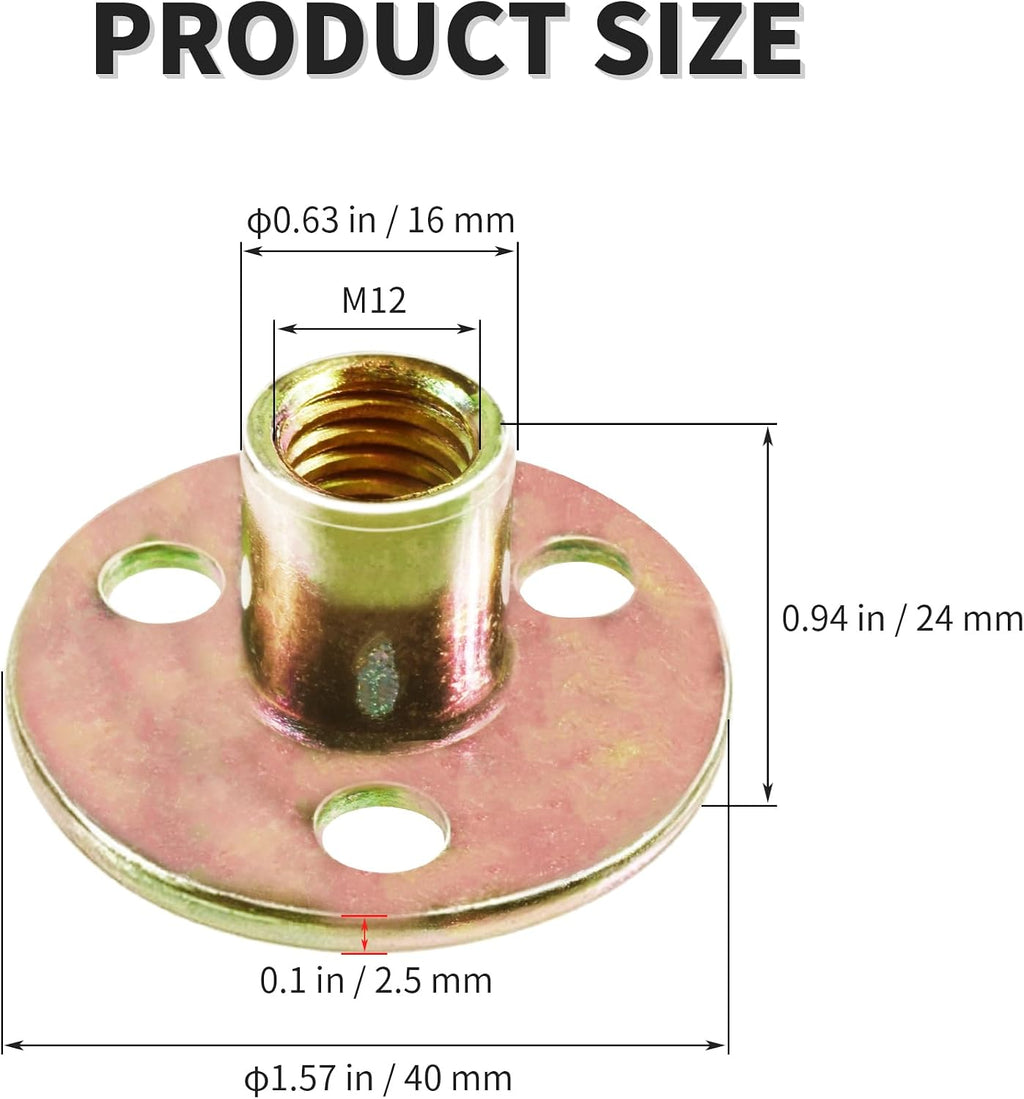 5pcs M12 Round Base T-Nuts, 24mm Height, 40mm Flange