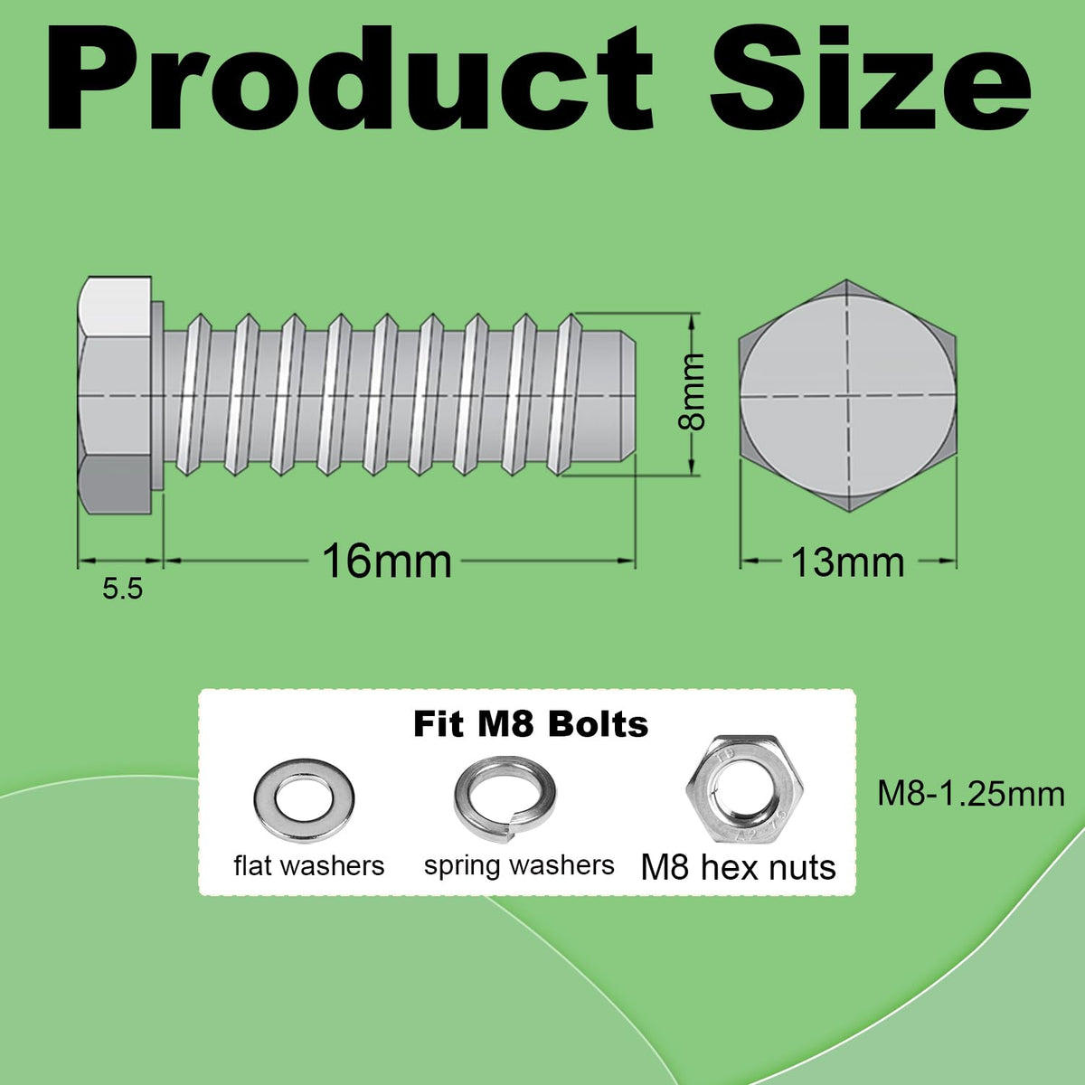 M8 x 16mm Hex Head Screws Bolts, Nuts, Flat & Lock Washers Kits
