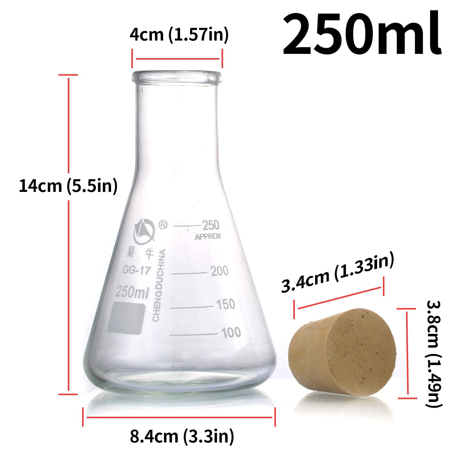 Glass Erlenmeyer Flask Set, (250 ml, 150 ml & 50 ml) Graduated Borosilicate Glass Erlenmeyer Flasks with Rubber