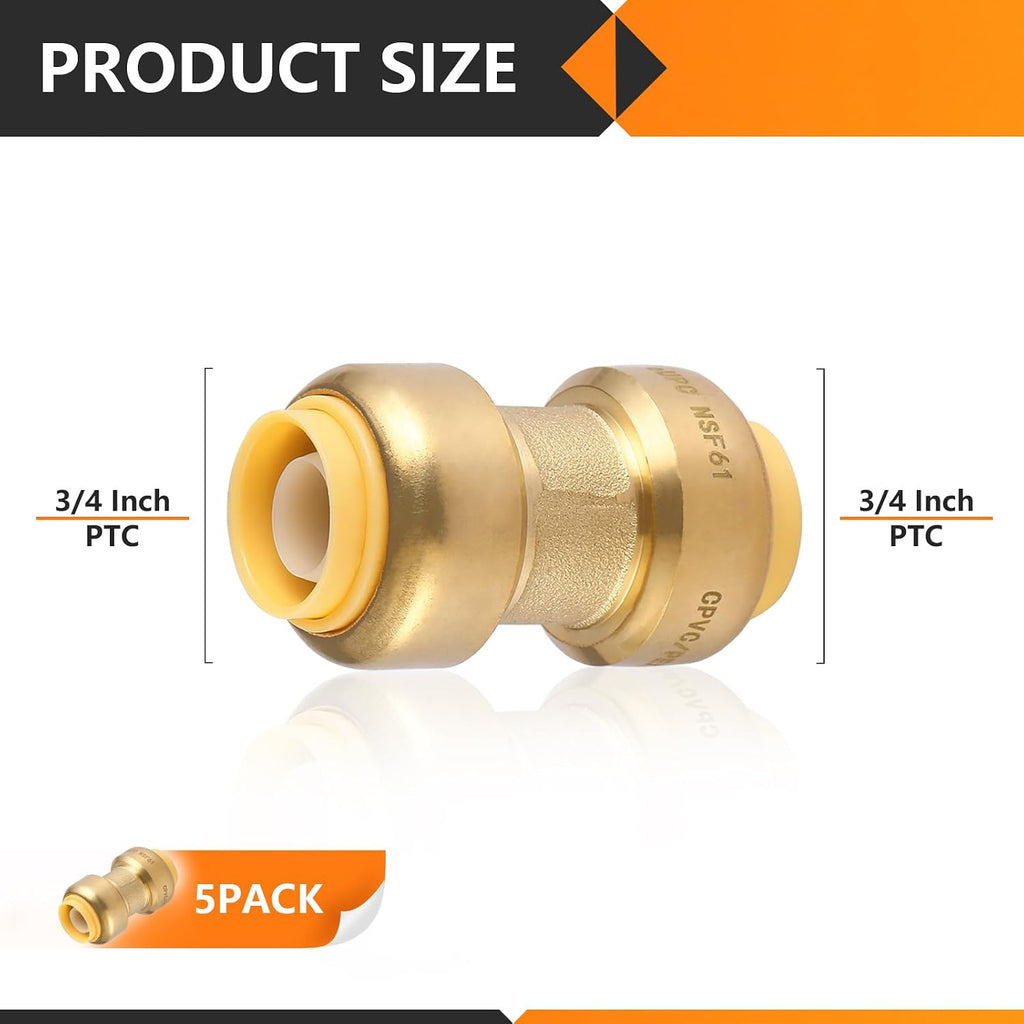 5PC HeSun 3/4" x 3/4" Push to Connect Coupling(PF008-5)