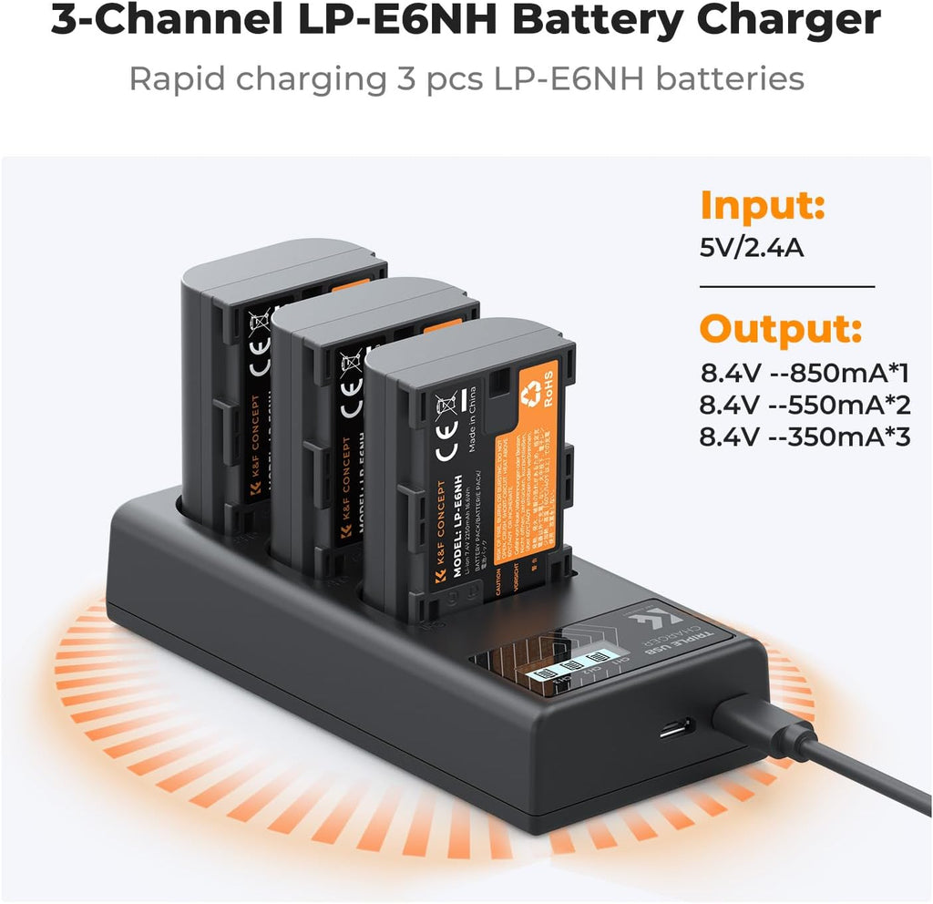 LP-E6NH 3-Slot Charger, LP-E6 LP-E6N Battery Charger with LCD Display for Canon EOS R5 R6 R7 5D 6D 7D Mark II Cameras