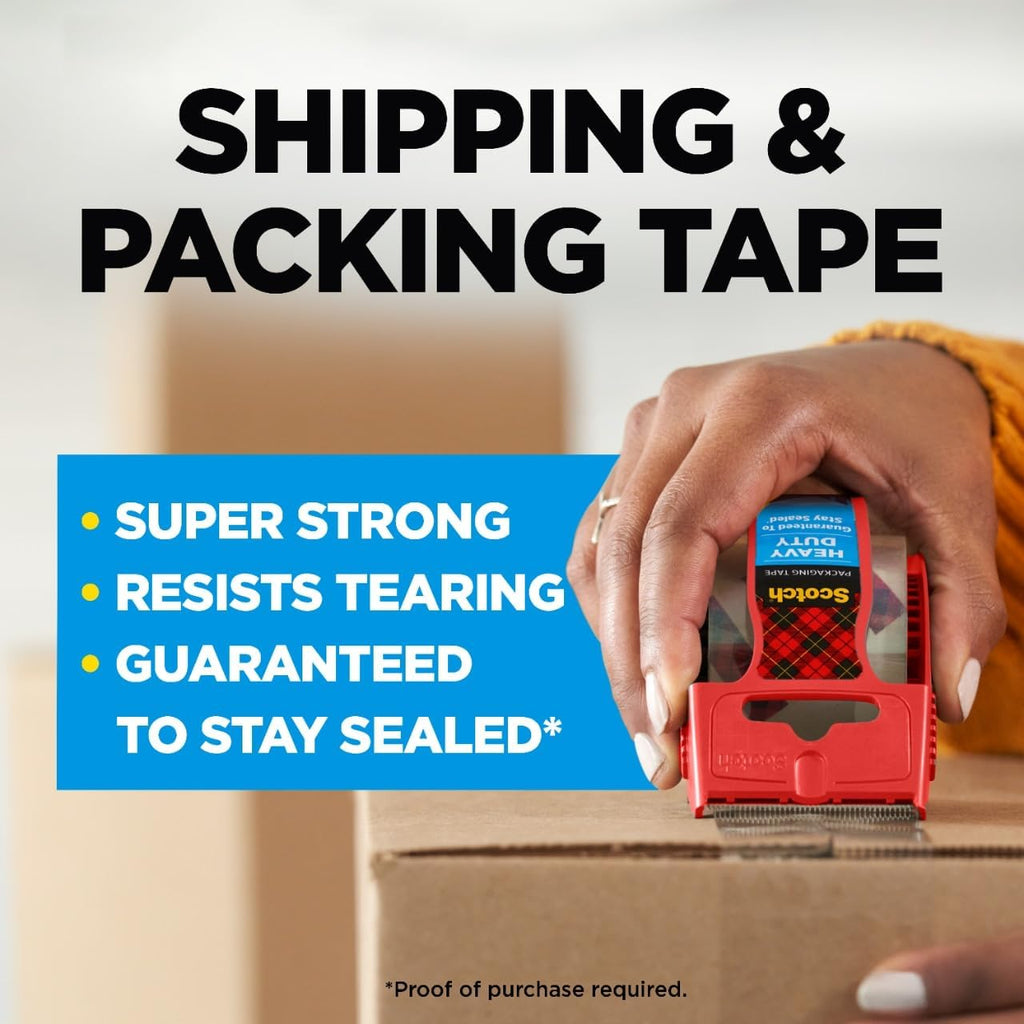 Heavy Duty Shipping Packing Tape, Clear, 1.88 in. x 22.2 yd. | 6 Roll Dispensers, Moving Supplies, Packing Tape for