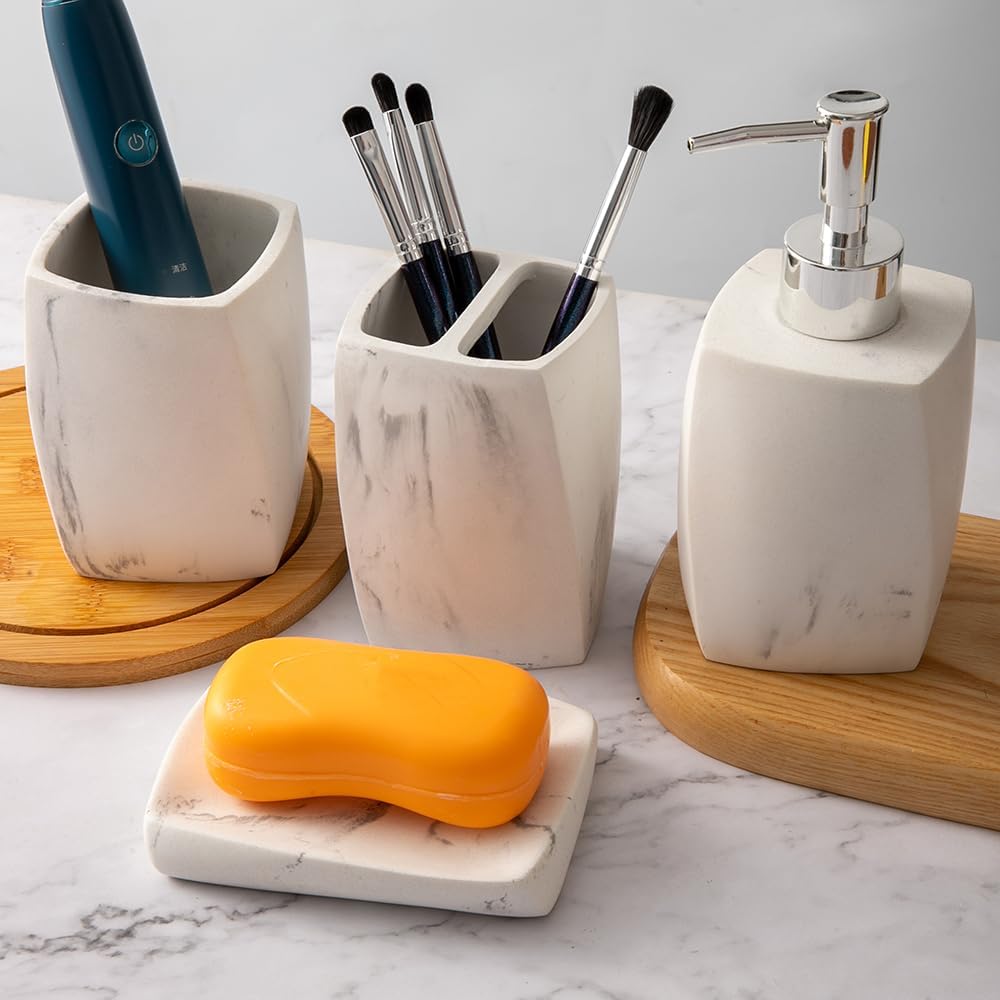 Bathroom Accessory Sets，4 Piece Bathroom Organizer Countertop with Toothbrush Cup,Soap Dispenser,Soap