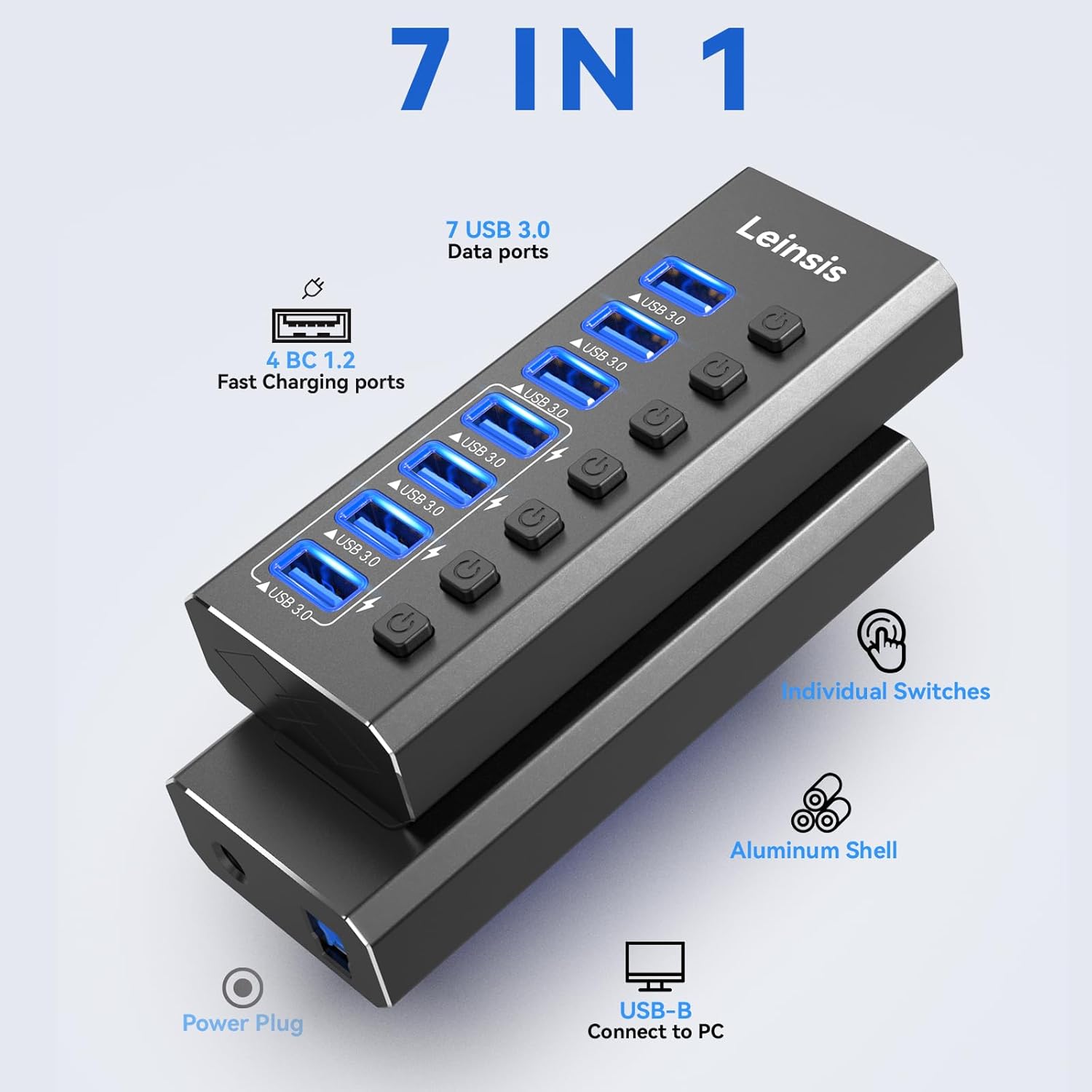 Powered USB Hub 3.0, Leinsis 7-Port USB 3.0 Hub [Durable Aluminum] 7 Data Transfer Ports+ 4 Smart Charging Ports with