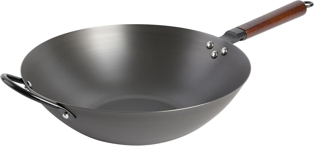 14 Inch Carbon Steel Wok Pan, Flat Bottom Stir Fry Pan, Induction