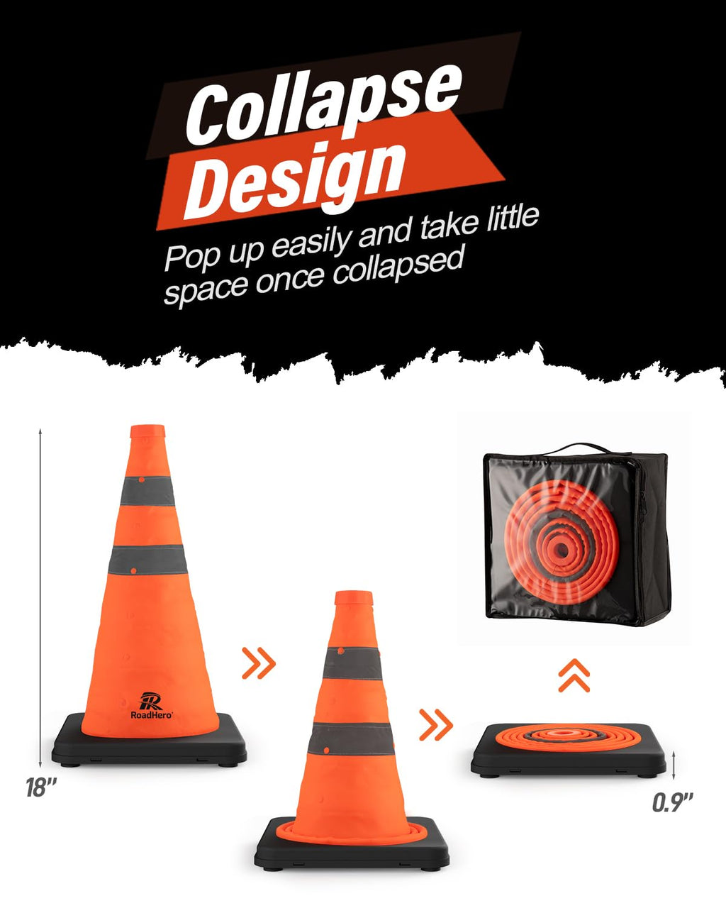 5 Pack 18 Inch Collapsible Traffic Cones with Black Base | Bag for Storage, Orange Cones with Reflective Collar for