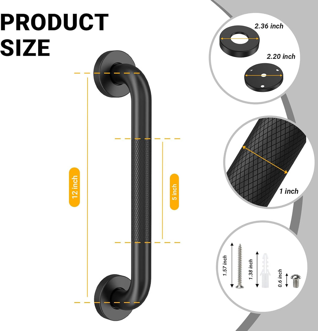 Anti Slip Grab Bars for Shower Black, Safety Textured Grip Shower Grab Bars for Seniors, Holds up to 500LBs, Knurled
