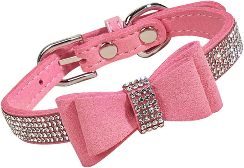 Pink Rhinestone Dog Collar with Bowknot, and Leash-Ready D-Ring