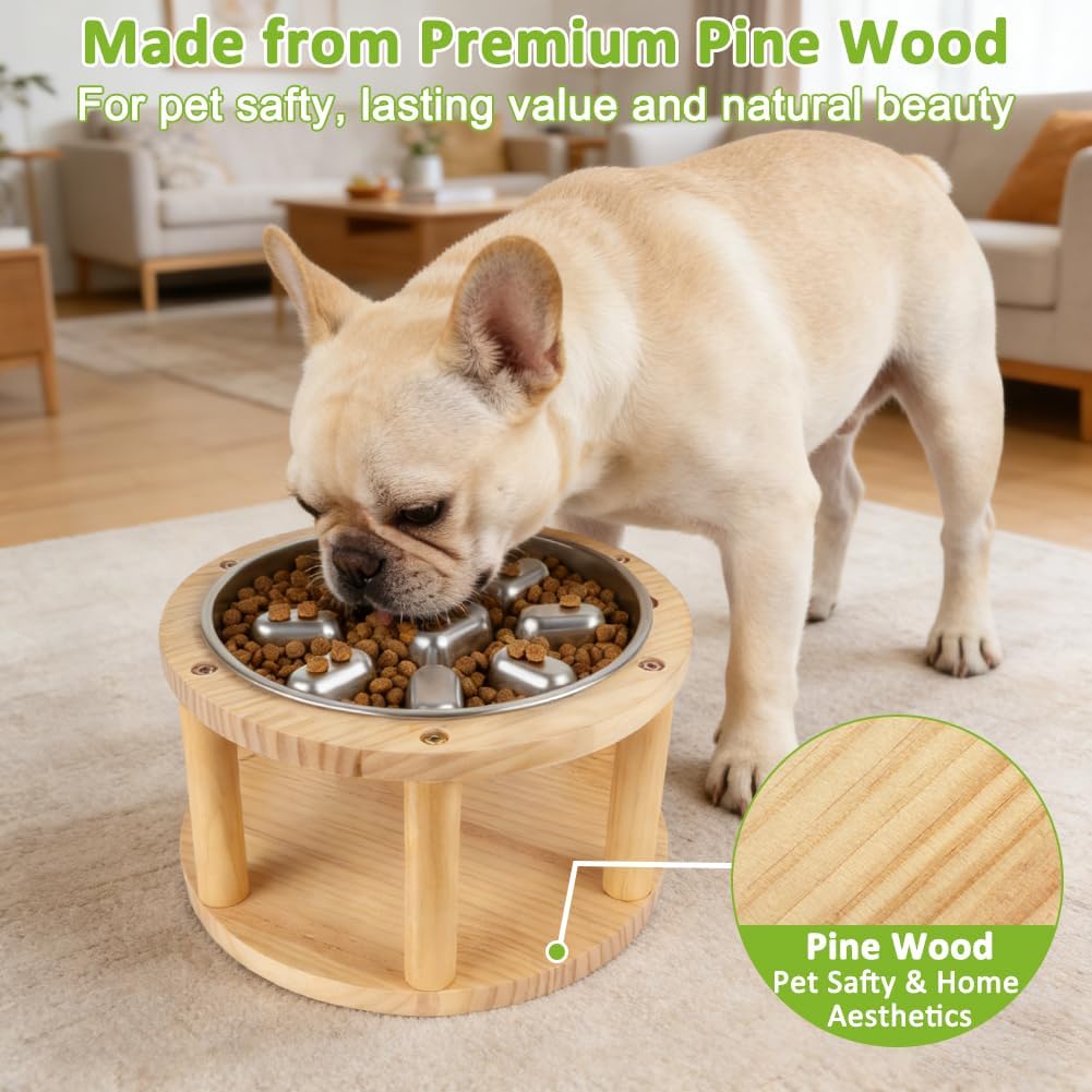 Elevated Dog Bowl, Pine Wood Stand with Stainless Steel Slow Feeder, 5.9" Raised Dog Bowl for Small & Medium Dogs