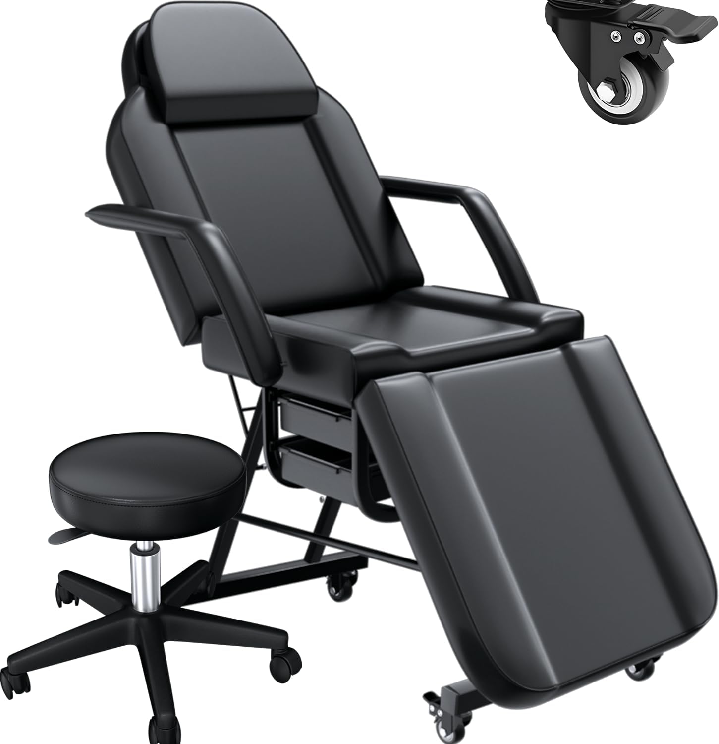 Black Tattoo Chair for Client with Hydraulic Rolling Stool, Tattoo Client Chair with Wheels Facial Chairs for