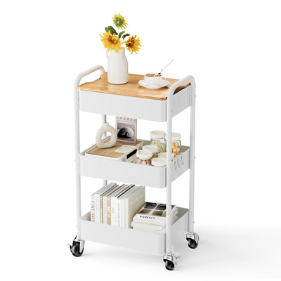 3-Tier Rolling Cart with Table Top, Metal Utility Cart on Wheels