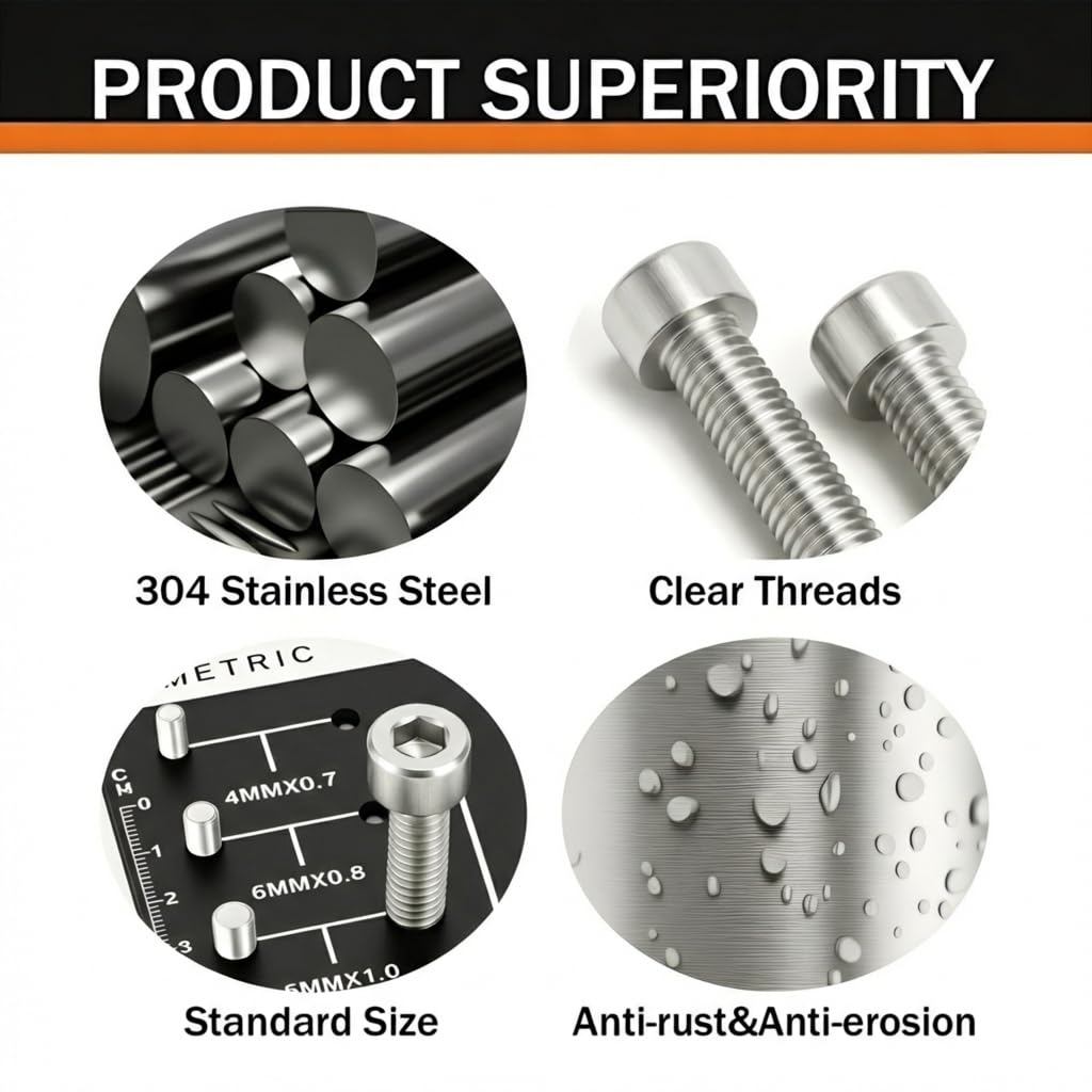 3/8-16 x 3 (10 Pack) Socket Head Cap Screws, 304 Stainless Steel Bolts with Hex Spanner, Allen Socket Drive, Full Thread, Bright Finish