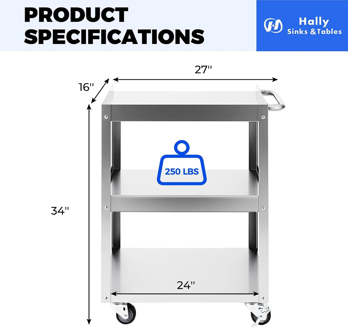 Hally Stainless Steel Utility Cart 3 Tier NSF Rolling Carts 24" Lx16 Wx34 H