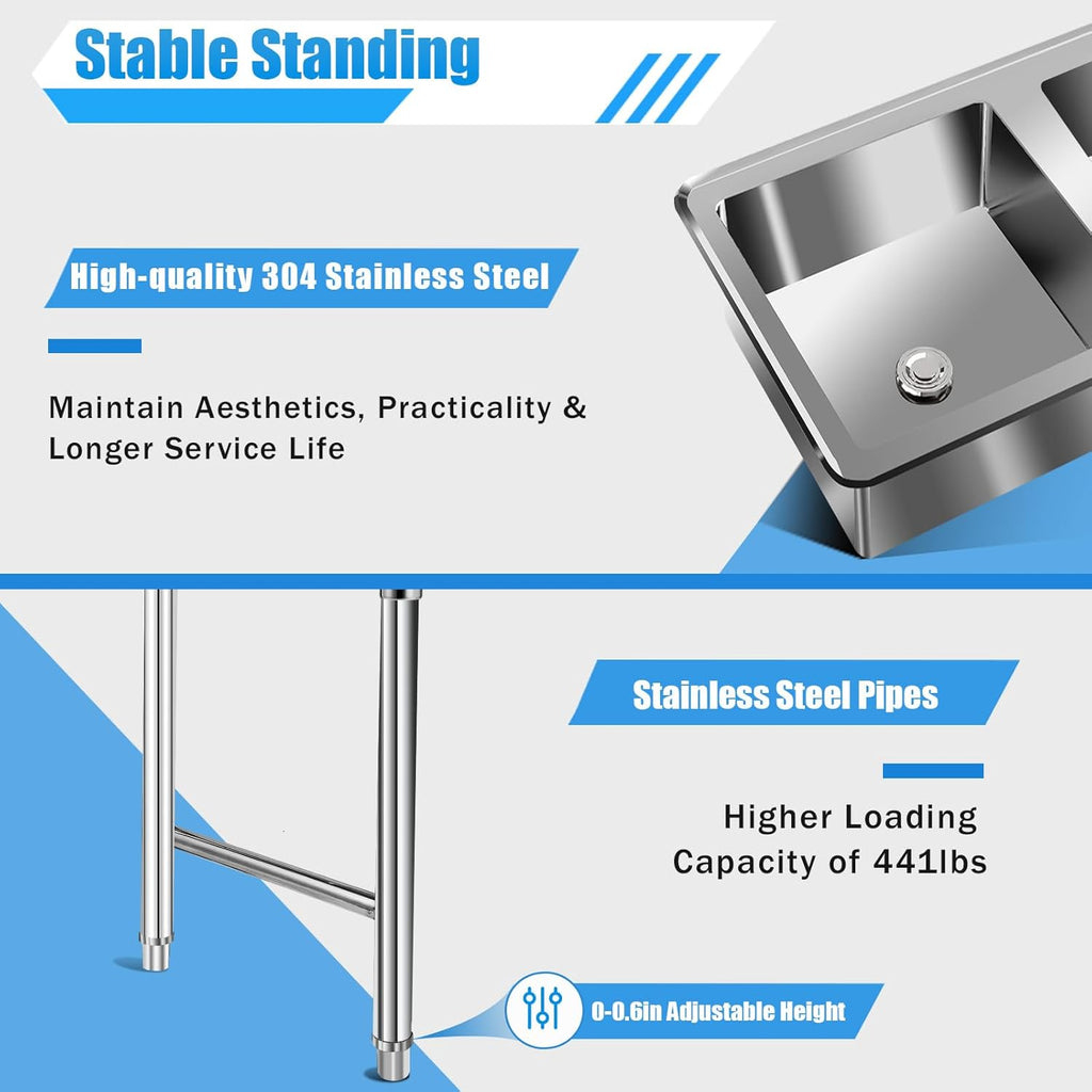 3 Compartment Commercial Sink, 304 Stainless Steel Utility Sink with Faucet