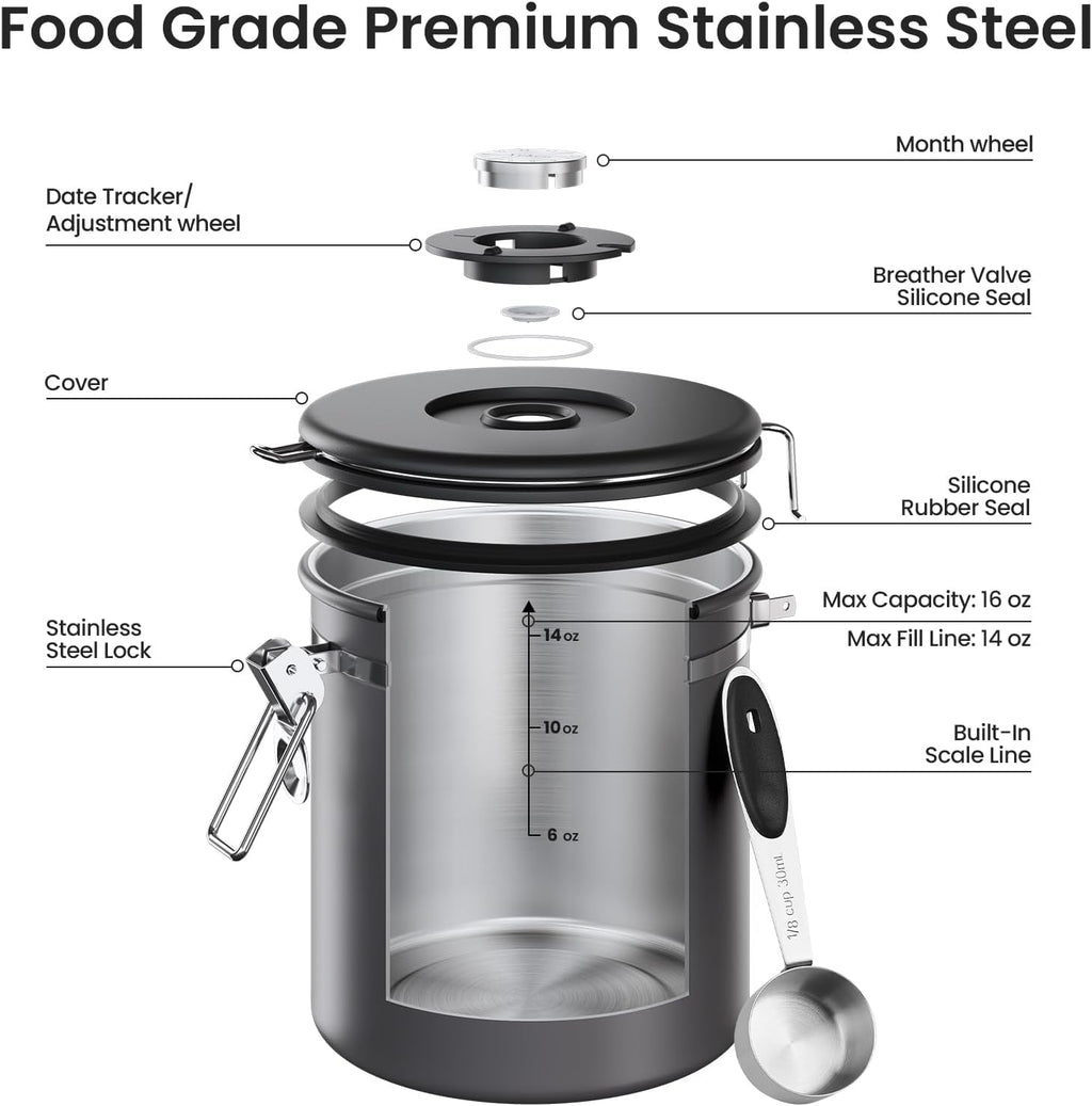 Coffee Canister, Airtight Stainless Steel Food Storage Container,16OZ | Date Tracker, Kitchen Jars for Beans,Ground