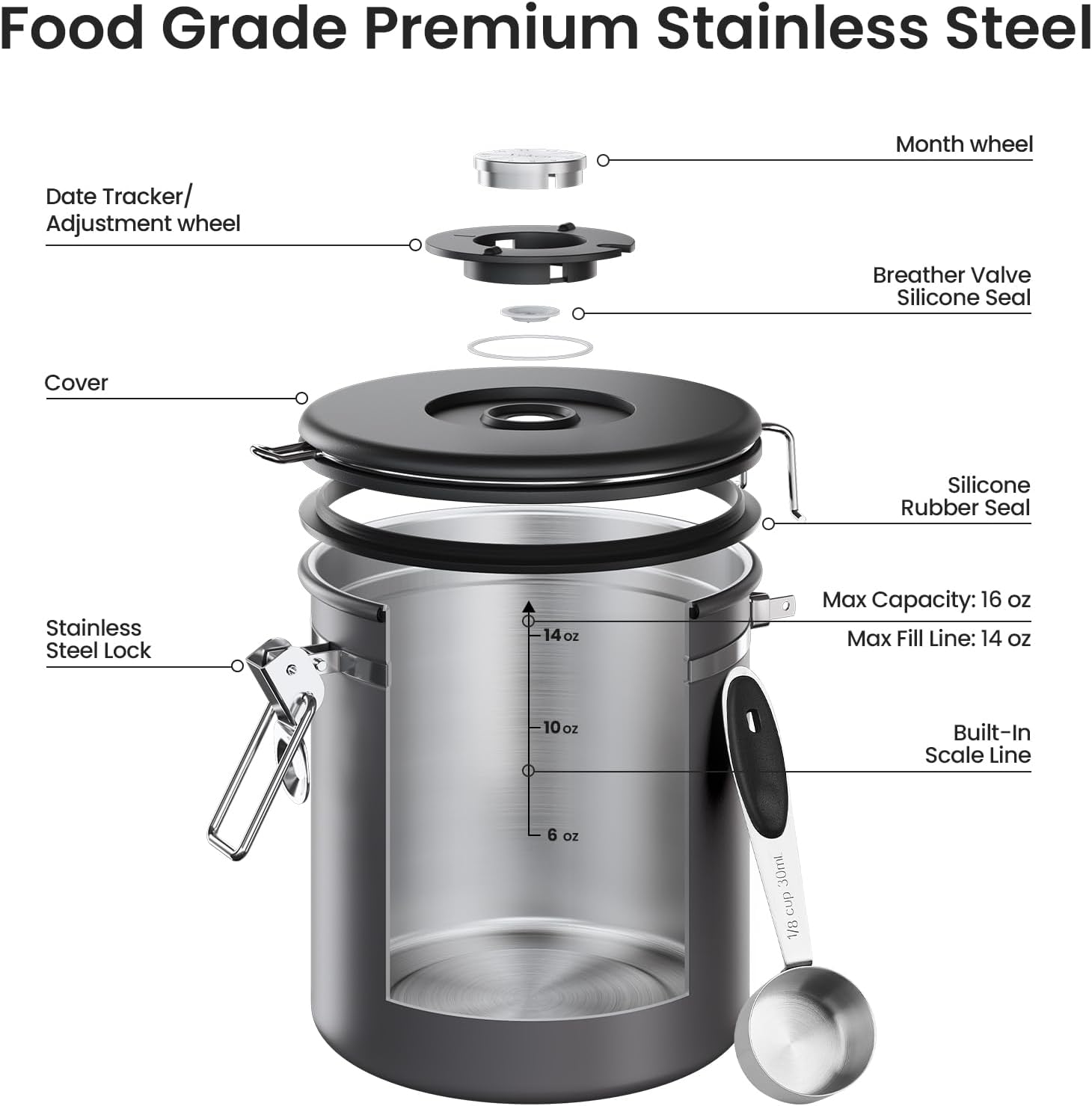 Coffee Canister, Airtight Stainless Steel Food Storage Container,16OZ | Date Tracker, Kitchen Jars for Beans,Ground