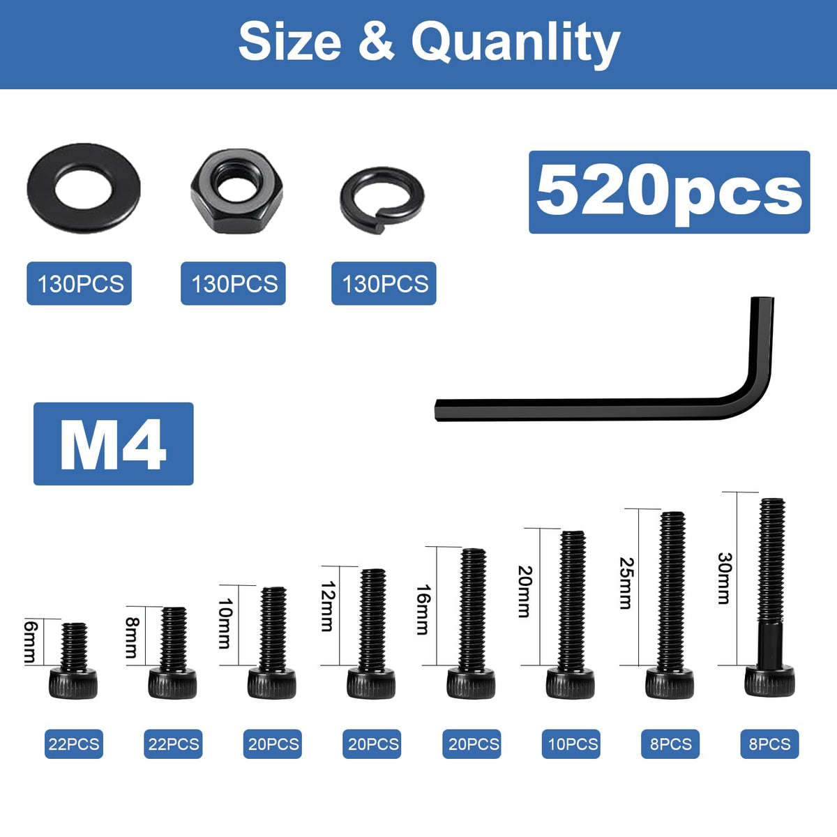 520Pcs M4 Screw Kit, Hex Socket Head Cap M4 Screws, M4 Bolts Nuts Washers