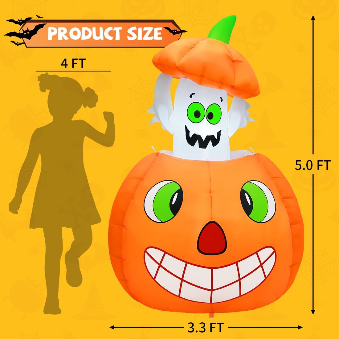5 FT Halloween Inflatables Animated Pumpkin Ghost Outdoor Decorations Blow Up Yard with Built-in LEDs for Indoor