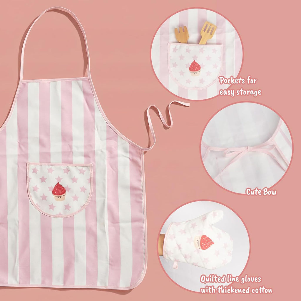 Kid Apron and Chef Hat Set, 3 Pcs Children Cooking Baking Set Kits Role Play Chef Toy Kid Cooking Gift for Girls Boys