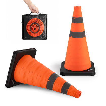 18 inch Collapsible Traffic Safety Cones Orange Plastic Base 2 Pack | Collapsible folds flat, reflective strips